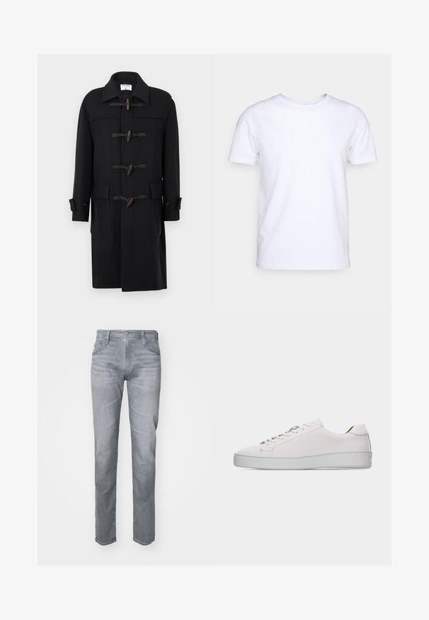 Schwarzer Woll-Duffle-Mantel mit spitzem Kragen, Knopfschließen, zwei vorderen Taschen und geknöpften Bündchen. Glatte Textur und knielanges Design.; Weißes T-Shirt mit kurzen Ärmeln aus Baumwollstoff und rundem Halsausschnitt. Schlichtes Design ohne Muster oder Akzente. Glatte Textur.; Graue Denim-Jeans mit geradem Schnitt, Fünf-Taschen-Design, Gürtelschlaufen und einer Vorderknopf-Verschluss. Subtile Ausbleichungen für Textur.; Weißer Sneaker aus Leder im Low-Top-Stil mit weißen Schnürsenkeln, flacher strukturierter Gummisohle und minimaler Naht, von der Außenseite auf weißem Hintergrund gezeigt.