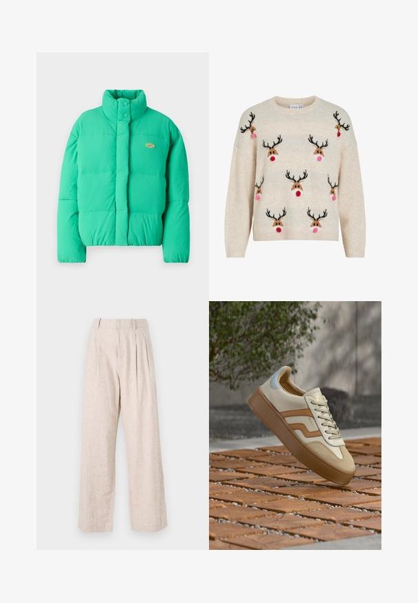 Veste rembourrée verte avec un col montant, fermeture à boutons-pression et coutures horizontales. Comprend un petit logo sur le côté gauche.; Pull couleur crème avec une texture duveteuse, un col rond, et des motifs de rennes aux bois noirs, pompons roses et nez rouges.; Pantalon en lin beige clair à coupe ample, avec des plis devant et une jambe droite. Style minimaliste et tissu texturé.; Baskets en cuir beige avec un bout en daim texturé couleur noisette. Elles comportent des lacets beiges et une semelle en caoutchouc marron, rehaussées par des détails de couture et un logo doré.