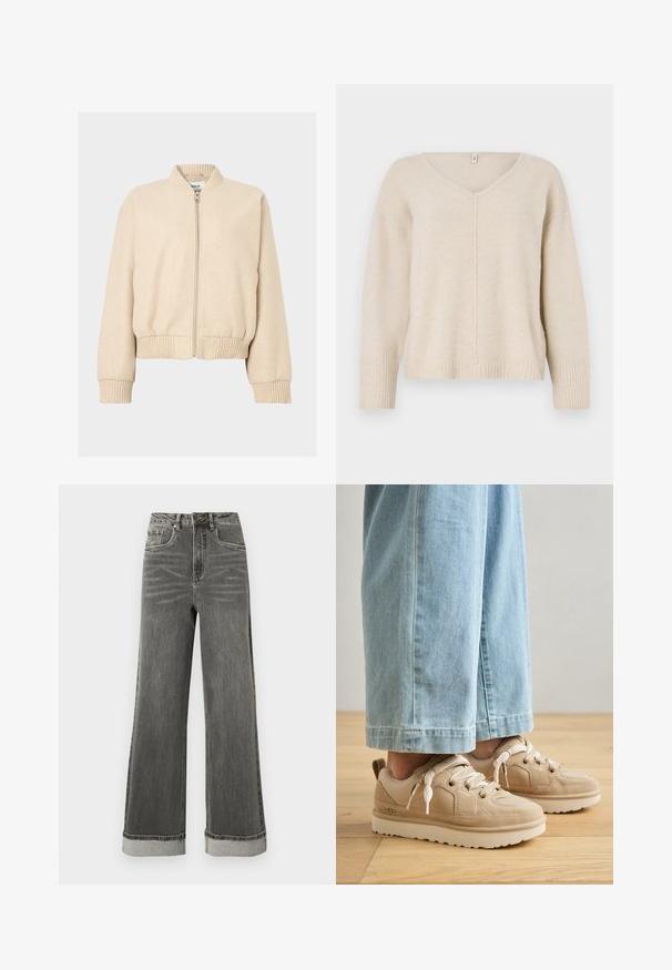 Veste bomber beige avec col et poignets côtelés, dotée d'une fermeture éclair frontale et d'une coupe décontractée, fabriquée en tissu doux.; Pull en tricot beige avec un col en V, des poignets et un ourlet côtelés. Présente un design de couture centrale et une coupe ample. Matière douce et texturée.; Jean denim gris à jambes larges avec une taille haute, cinq poches et des ourlets retroussés. Le tissu présente une texture légèrement usée avec des coutures visibles.; Baskets en suède beige avec tissu texturé, bout rond et semelle blanche épaisse. Présentent des lacets élastiques et une languette au talon.