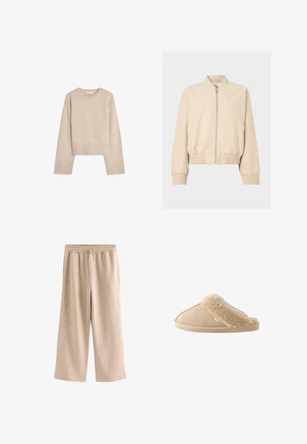 Beige bomberjakke med ribbet krave og manchetter, med lynlås foran og en afslappet pasform, lavet af blødt stof.; Beige cropped sweater lavet af blød strik. Har rund halsudskæring, lange ærmer samt ribbede manchetter og kant for ekstra tekstur.; Beige bukser med vide ben, elastisk talje og snørre, lavet af et blødt, plettet stof.; Beige slippers med en blød faux fur-overdel og en suede underdel. Har en tekstureret sål og detaljer med stikninger på siden. Mærkets tag er synligt.