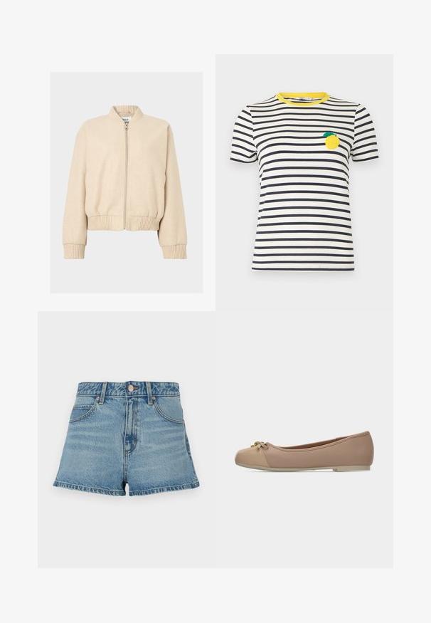 Veste bomber beige avec col et poignets côtelés, dotée d'une fermeture éclair frontale et d'une coupe décontractée, fabriquée en tissu doux.; T-shirt à manches courtes à rayures horizontales blanches et noires avec un col jaune et un écusson en forme de citron sur le côté gauche de la poitrine.; Shorts en denim bleu clair avec taille haute, ourlet effiloché, surpiqûres contrastantes et poches avant. Comprend un bouton en métal et une étiquette de marque.; Ballerine beige pour femmes avec un bout rond, un petit nœud décoratif et un petit talon sur fond blanc.
