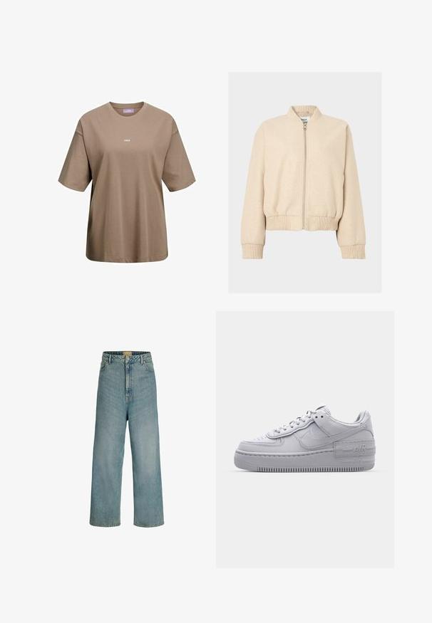 Veste bomber beige avec col et poignets côtelés, dotée d'une fermeture éclair frontale et d'une coupe décontractée, fabriquée en tissu doux.; T-shirt marron kaki à manches courtes en coton, avec un col rond et un petit logo blanc "JJXX" à l'avant.; Jean large taille haute bleu clair avec fermeture à boutons sur le devant, passants pour ceinture et design classique à cinq poches.; Basket en cuir lisse gris Nike Air Force 1 avec un bout perforé, une semelle épaisse et un détail 'AIR' en relief sur le talon.