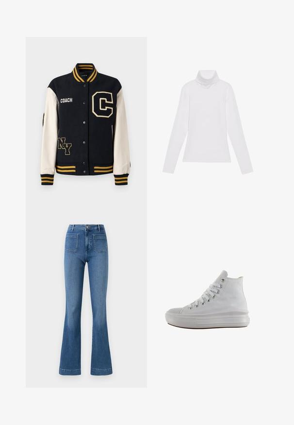 Marineblauwe wollen varsityjas met crèmekleurige leren mouwen, met gele strepen, geborduurde "C"- en "NY"-patches, en een "COACH"-logo.; Witte lange mouw turtleneck top gemaakt van glad, elastisch materiaal. Voorzien van een hoge kraag en een getailleerd ontwerp, zonder zichtbare patronen of versieringen.; Gelaste blauwe spijkerbroeken van denim met een middellange taille, voorzien van twee achterzakken en een schone zoom. Soepele textuur en klassiek ontwerp.; Witte hoge canvas sneaker met witte veters, metalen oogjes, dikke rubberen zool en gestructureerde neuskap, naar links gericht op een witte achtergrond.