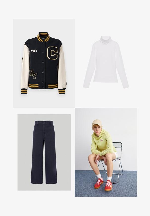 Tumesinine mereväevillane tudengite jope kreemika nahkvarrukatega, millel on kollased triibud, tikitud "C" ja "NY" plaastrid ning "COACH" logo.; Valge pikkade varrukate turtleneck-särk, mis on valmistatud siledast ja venivast kangast. Omab kõrget kraed ja keha lähedast lõiget, ilma nähtavate mustrite või kaunistusteta.; Siledest mõõtu tumesinised püksid, mis on valmistatud siledast puuvillasegusest materjalist, eespoolnööbiga kinnitusega ning õmmeldud detailidega vöökoha ja taskute äärtes.; Hele roheline kapuutsiga särgiga, valged lühikesed püksid, punased tossud valgete triipudega, istub kroomitud kokkuklapitaval toolil neutraalse tausta ees.
