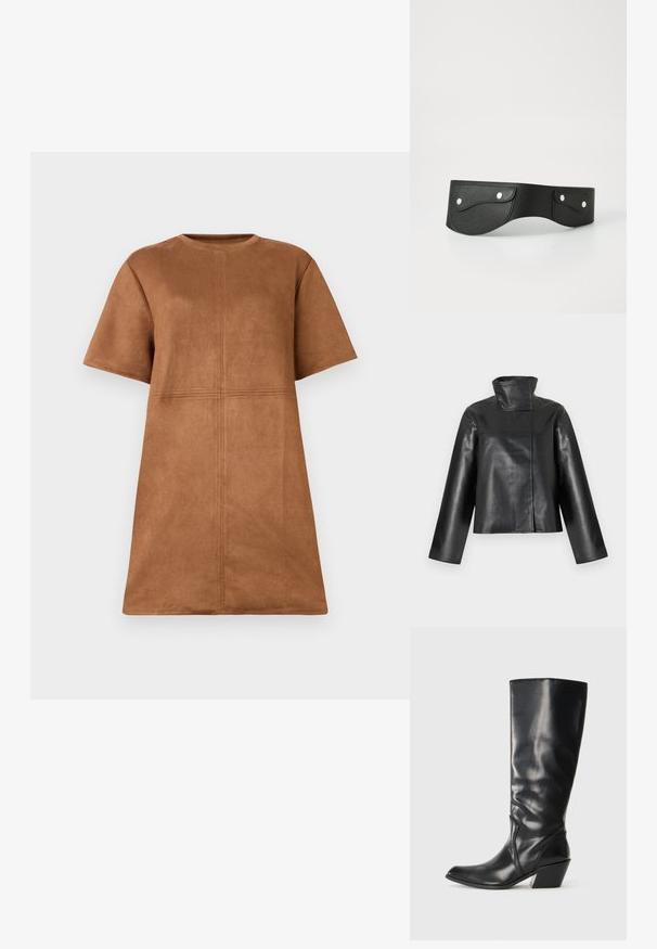 Chaqueta de cuero negra con cuello alto de pie, mangas largas y cierre frontal oculto, exhibida sobre un fondo blanco.; Vestido corto de ante marrón con mangas cortas, escote de barco y detalles de costura vertical y horizontal en el frente.; Bota de cuero negra hasta la rodilla con punta afilada, tacón angular y textura suave. Presenta un sutil acento de costura a lo largo del costado.; Cinturón de cuero negro con dos bolsillos redondeados, asegurados con botones a presión plateados. Textura suave, diseño ligeramente curvado.