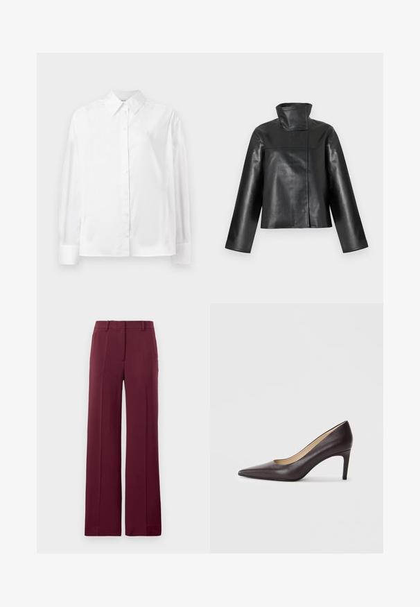 Zwarte leren jas met een hoge opstaande kraag, lange mouwen en een verborgen voorzijde sluiting, afgebeeld op een witte achtergrond.; Witte langemouwige button-up shirt in een gladde katoenmix. Voorzien van een klassieke kraag, een knoopsluiting aan de voorkant en afgeronde manchetten.; Bordeaux wijde pijpen broek gemaakt van een gladde stof, met een rechte voorkant, riemlussen en een op maat gemaakte uitstraling met geplooide details.; Bruine leren pumps met een spits toelopende neus en een slanke hak van 7 cm, met een glad oppervlak en minimalistisch ontwerp. Zonder zichtbare versieringen.