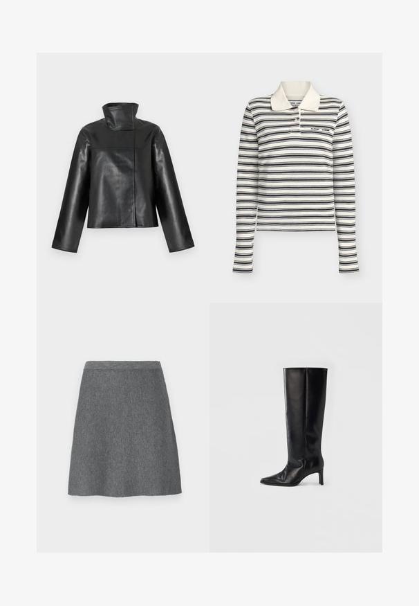 Veste en cuir noire avec un col montant haut, des manches longues et une fermeture avant dissimulée présentée sur un fond blanc.; Polo blanc à manches longues avec des rayures horizontales noires et deux boutons au col.; Jupe en laine grise avec une taille ajustée, forme évasée et texture lisse. Pas de poches ni de détails métalliques visibles.; Bottes noires montantes en cuir lisse, avec un bout pointu et un talon fin, une tige ajustée et un design minimaliste.