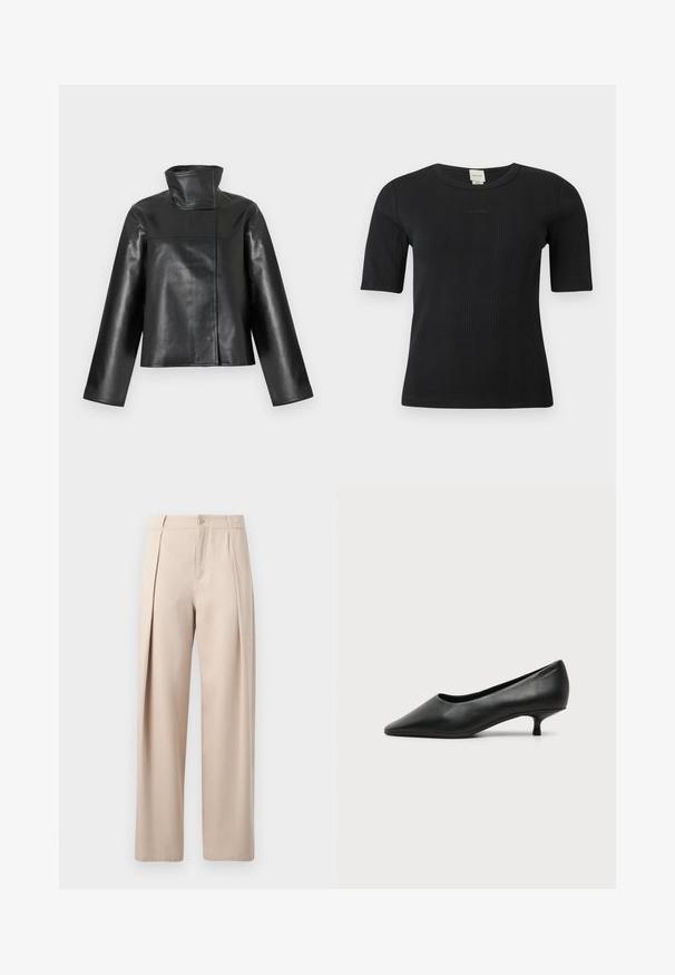 Veste en cuir noire avec un col montant haut, des manches longues et une fermeture avant dissimulée présentée sur un fond blanc.; Haut Calvin Klein noir à manches courtes côtelées, col rond et logo discret brodé sur la poitrine, sur un fond uni.; Pantalon beige à coupe droite, avec deux plis devant, une braguette à boutons et une texture lisse. Aucune poche visible sur l'image.; Escarpin femme en cuir noir à petit talon, bout pointu et petit talon kitten sur fond clair uni.