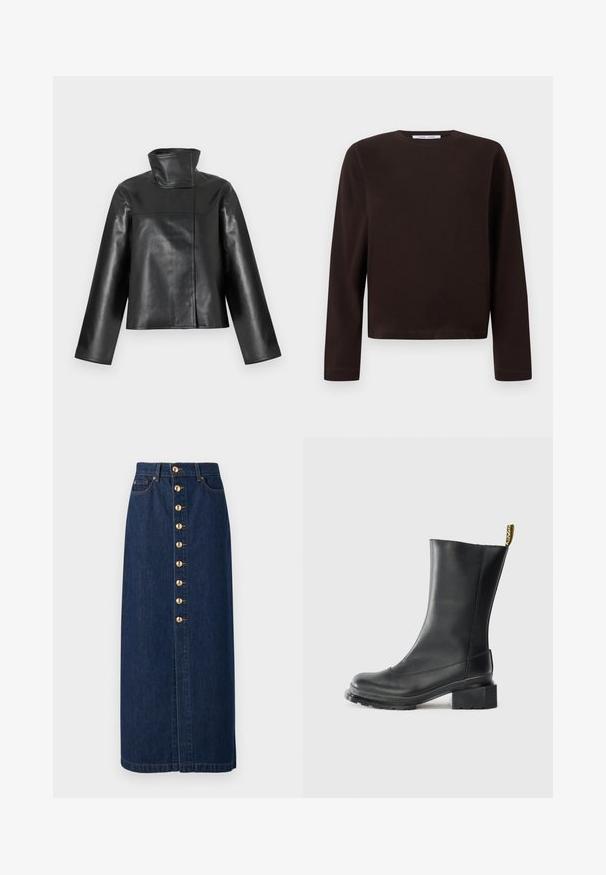 Veste en cuir noire avec un col montant haut, des manches longues et une fermeture avant dissimulée présentée sur un fond blanc.; Sweat-shirt à manches longues, col rond, de couleur brun foncé avec un ourlet droit, présenté sur un fond blanc uni.; Jupe midi en denim bleu foncé à coupe droite, dotée d'une fermeture boutonnée à l'avant avec des boutons dorés au centre.; Bottine en cuir noir à talon carré, texture lisse, bout rond et boucle de talon avec un marquage jaune.