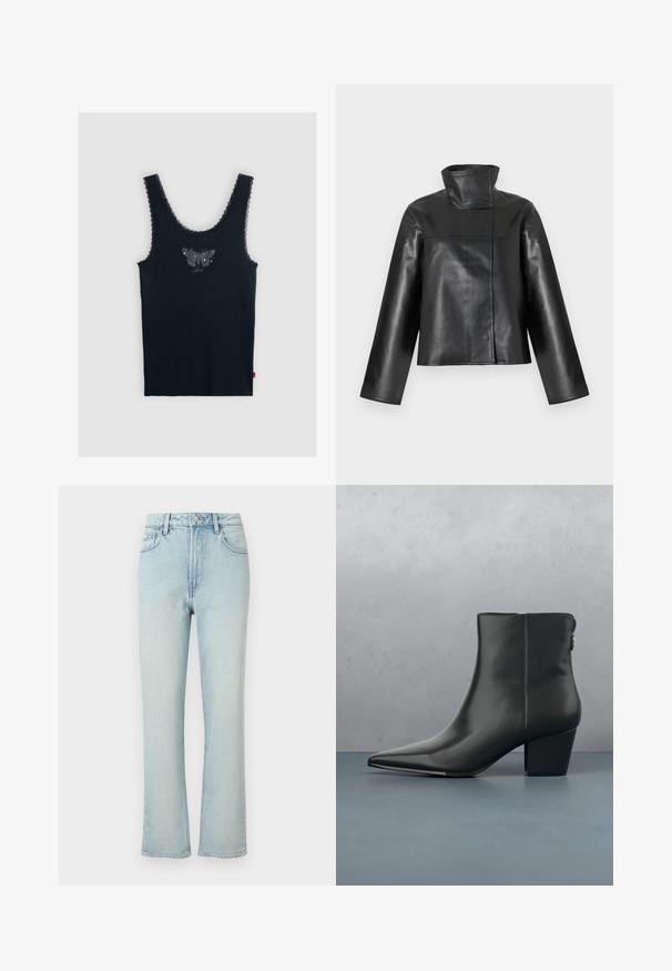 Veste en cuir noire avec un col montant haut, des manches longues et une fermeture avant dissimulée présentée sur un fond blanc.; Débardeur noir sans manches avec bordure en dentelle sur les bretelles et un motif de papillon sombre centré sur la poitrine.; Jean bleu clair taille haute à jambes droites avec bouton avant, passants de ceinture et design classique à cinq poches sur fond uni.; Bottine en cuir noir avec un bout pointu et un talon modéré, présentant une texture lisse et un design minimaliste, placée sur un fond à motifs.