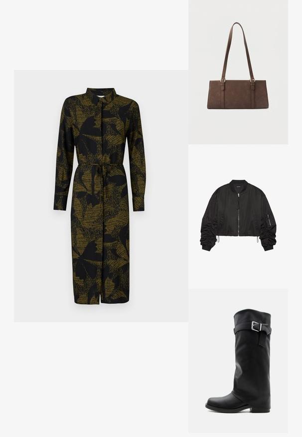 Musta pommikaukalotakki, jossa on lyhyt malli. Takissa on rypytetyt hihat, vetoketjulliset taskut sekä ribatut kaulus ja hihansuut. Materiaali on sileä ja kevyt.; JDY JDYLIZA SHIRT DRESS - Paitamekko - winter moss; Korkea must nahkasaapas, jossa on hopeinen solkilaukku säären yläosassa ja matala neliskulmainen korko.; Ruskea suorakaiteen muotoinen olkalaukku, jossa on pitkät hihnat ja vähäiset ompelut yksinkertaisella taustalla.