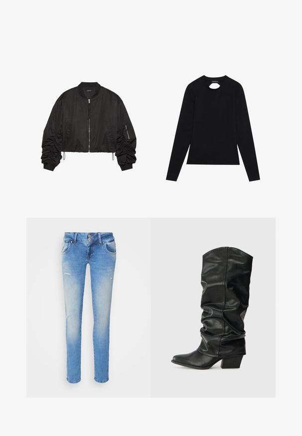 Chaqueta bomber negra con un diseño corto, con mangas fruncidas, bolsillos con cremallera y un cuello y puños acanalados. Tejido suave y ligero.; Camisa de manga larga negra hecha de una tela suave, con un escote redondo que presenta un pequeño corte en la parte frontal.; Jeans de mezclilla azul con un ajuste ajustado, que presentan un ligero desgaste, dos bolsillos delanteros y detalles ligeramente desgastados cerca de las rodillas.; Botas de cuero negro hasta la rodilla con un diseño arrugado, punta afilada y un tacón grueso, con una textura suave y una costura mínima.