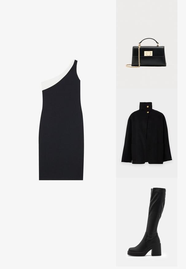 Veste noire à col montant avec deux boutons dorés et deux poches appliquées à l'avant, présentée sur un fond uni.; Robe asymétrique avec un corps noir et un panneau d'épaule blanc. Fabriquée en tissu lisse avec une silhouette ajustée. Aucun matériel visible.; Bottes noires montantes en matériau synthétique lisse, dotées d'un épais talon carré et d'un design épuré avec un haut élastiqué.; Sac à main en cuir noir à la forme structurée, doté d'une poignée supérieure et d'une bandoulière chaîne ton or. Ornements dorés décoratifs avec détail de logo.