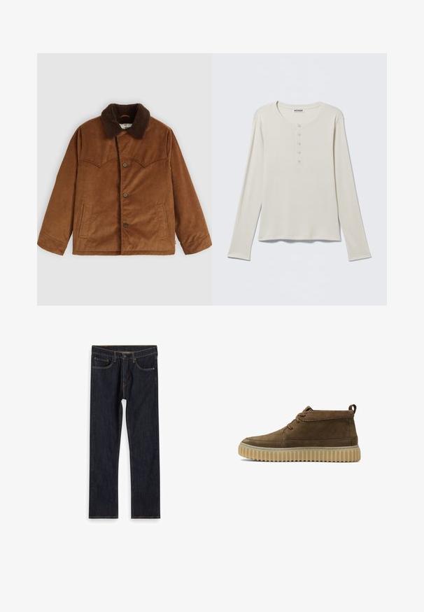 Brun kordfløjljakke med en brun pelskrave, knaplukning, to sidelommer og karakteristisk stikning på brystet.; Langærmet cremefarvet henley-shirt med rund halsudskæring og fem-knaps læg, mærket Weekday, lagt fladt på en neutral baggrund.; Mørkeblå lige ben denim jeans med forlommer, bæltestropper og kontrast orange syninger, lagt fladt på hvid baggrund.; Brune ruskind ankelstøvler med en rund tå, minimal syning og en tekstureret, kraftig gummisål. Har snørebåndsdesign og hælflig.