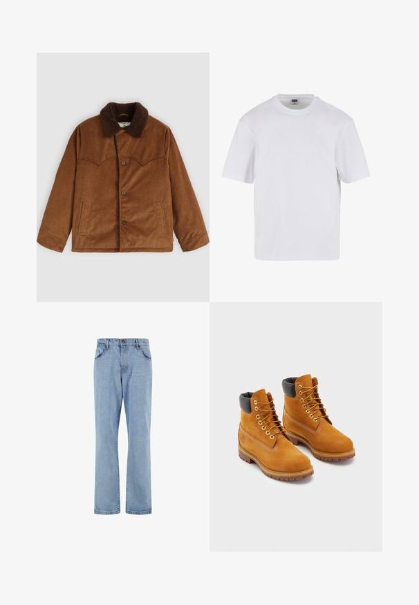 Braune Cordjacke mit braunem Pelzkragen, Knopfverschluss, zwei seitlichen Taschen und charakteristischer gestickter Passe auf der Brust.; Weißes T-Shirt mit kurzen Ärmeln aus Baumwolle. Besitzt einen Rundhalsausschnitt und eine lockere Passform. Glatte Textur, minimalistisches Design, ohne Muster oder Akzente.; Hellblaue Straight-Leg-Denim-Jeans mit Vordertaschen, Gürtelschlaufen und Knopfverschluss auf weißem Hintergrund.; Lederarbeitsstiefel in Tan mit schwarzem gepolstertem Kragen, goldenen Ösen und braunen Gummisohlen. Mit kontrastierenden Nähten und einem Logo an der Seite.