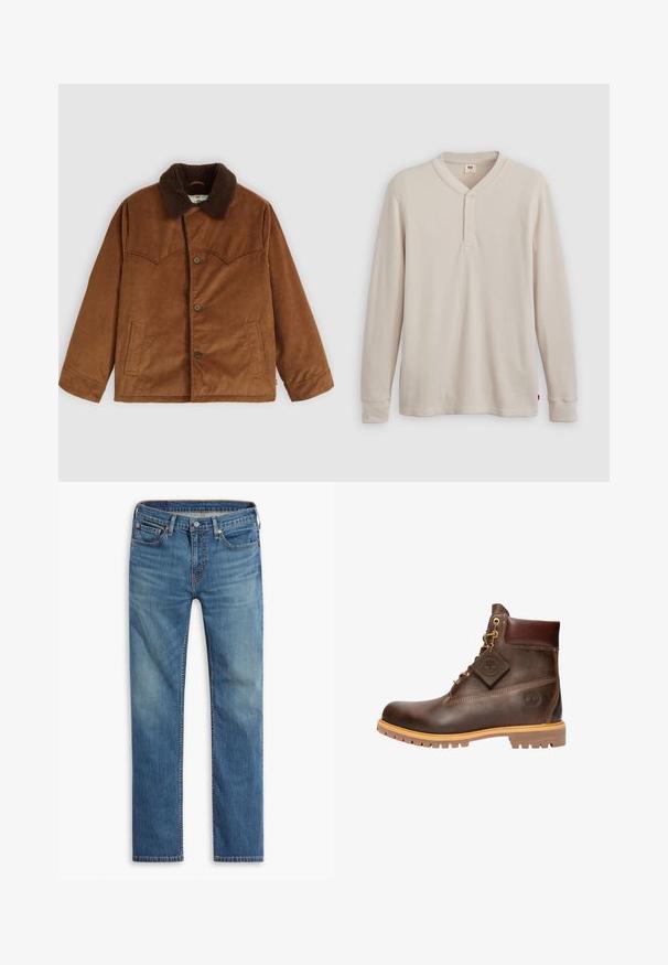 Braune Cordjacke mit braunem Pelzkragen, Knopfverschluss, zwei seitlichen Taschen und charakteristischer gestickter Passe auf der Brust.; Langärmliges Henley-Shirt aus leicht beigem Rippstoff mit V-Ausschnitt, Knopfleiste mit drei Knöpfen und angeschnittenen Ärmeln. Roter Logo-Tag am Saum.; Blaue gerade geschnittene Jeans mit Knopf- und Reißverschluss vorne, Fünf-Taschen-Design und dezenten Ausbleichungen an Oberschenkeln und Knien.; Braune Leder-Ankelstiefel mit runder Zehenpartie, robuster Sohle, goldfarbener Hardware und strukturiertem Obermaterial. Enthält ein angehängtes Logo-Tag.