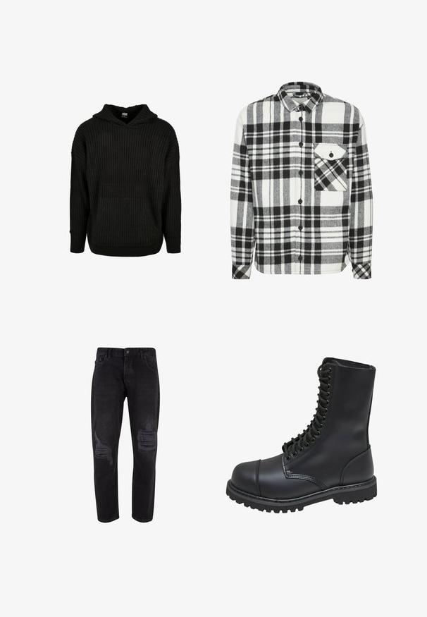 Chemise en flanelle à carreaux noir et blanc avec des manches longues, un devant à boutons et une poche poitrine unique avec un rabat triangulaire.; Hoodie noir en tricot côtelé avec une poche avant et une capuche à cordon. Présente une coupe ample et un motif texturé sur le tissu.; Jeans en denim noir avec une coupe décontractée, présentant des déchirures usées sur les deux jambes et un design classique à cinq poches.; Botte de combat en cuir noir avec un haut tige, fermeture lacée à l'avant, col rembourré et semelle texturée robuste pour une meilleure adhérence. Dotée d'un capuchon de protection renforcé.