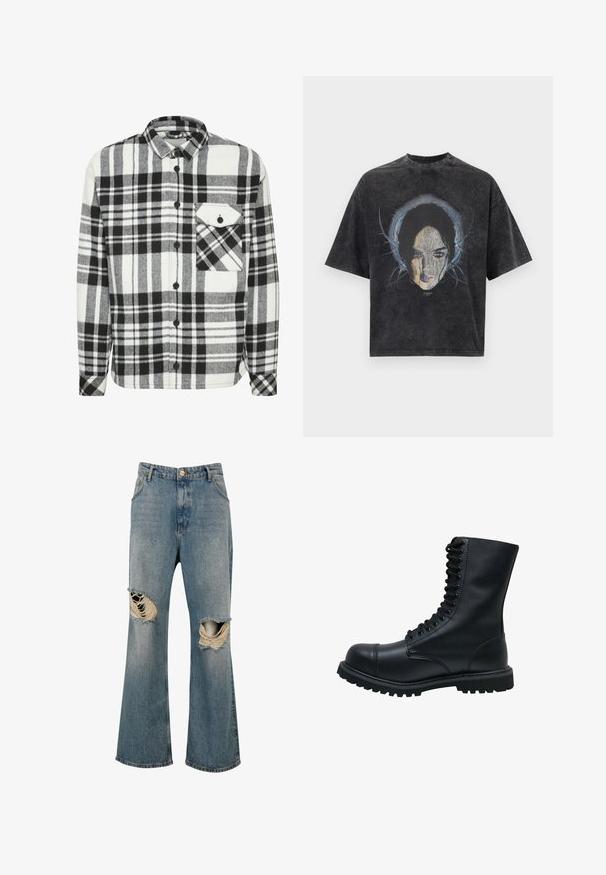 Zwart-wit geruite flanellen overhemd met lange mouwen, knoopsluiting aan de voorkant en een enkele borstzak met een driehoekige klep.; Oversized donkergrijs T-shirt met een afbeelding van een vrouwengezicht en abstracte blauwe lijnen rondom haar hoofd.; Blauwe spijkerbroek met wijde pijpen en grote gescheurde gaten op beide knieën die rafelige randen en witte draden tonen.; Zwarte leren veterschoen met een ronde neus, hoge schacht, dikke rubberen zool en een gestructureerd oppervlak. Heeft versterkte stiksels langs de naden.