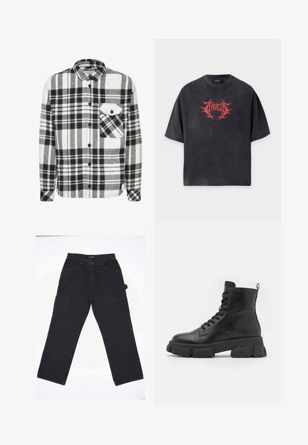 Schwarz-weiße Karomuster-Flanell-Hemd mit langen Ärmeln, knöpfbarem Frontverschluss und einer einzelnen Brusttasche mit dreieckiger Klappe.; Schwarzes oversized T-Shirt mit kurzen Ärmeln und rotem stacheligem Textdesign, das mittig auf der Brust den Schriftzug "FAVELA" zeigt.; Schwarze Denim-Hose mit geradem Bein, ausgestattet mit einem Frontknopfverschluss, Gesäßtaschen und einer seitlichen Cargo-Tasche.; Schwarze Leder-Stiefeletten mit dicken Gummisohlen, runder Zehenpartie und Schnürung auf der Vorderseite. Mit Ziehlasche und strukturiertem Detail an den Seiten.