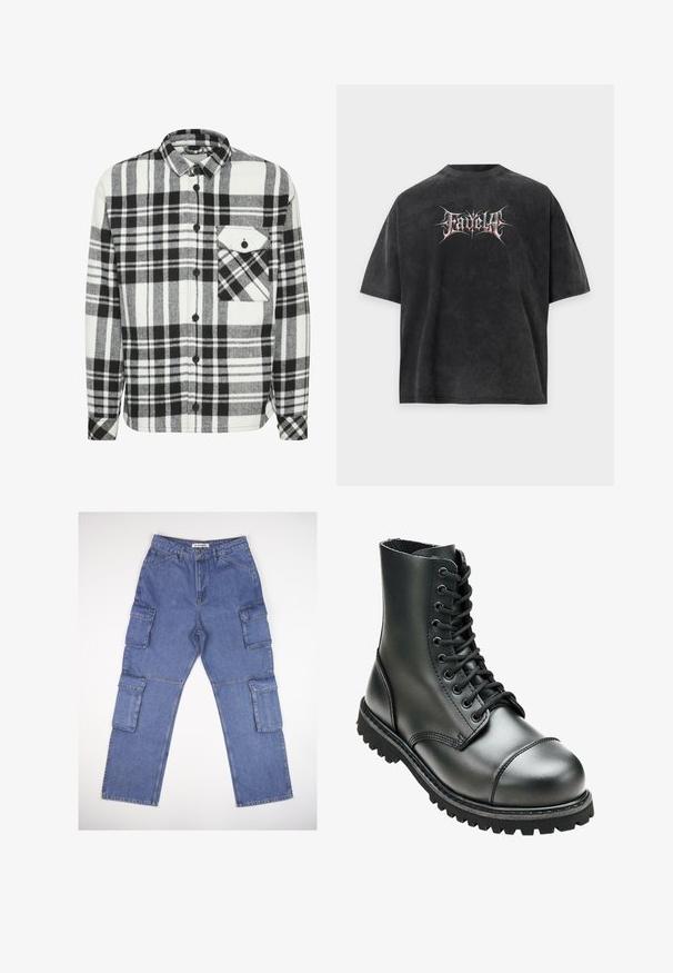 Schwarz-weiße Karomuster-Flanell-Hemd mit langen Ärmeln, knöpfbarem Frontverschluss und einer einzelnen Brusttasche mit dreieckiger Klappe.; Schwarzes Oversized-T-Shirt mit verblasster Textur und stilisiertem weißen und roten Text "Fadella" zentriert auf der Vorderseite.; Blaue Denim-Cargo-Hosen mit mehreren Seitentaschen, einem geraden Beindesign und einem klassischen Bund. Der Stoff hat eine leicht strukturierte Textur und ist leicht ausgebleicht.; Schwarze Lederkampfstiefel mit hohem Knöchel, runder Zehenpartie, Schnürung vorne und robustem Gummisohle mit tiefem Profil für besseren Grip.