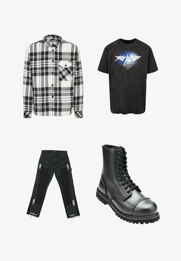Chemise en flanelle à carreaux noir et blanc avec des manches longues, un devant à boutons et une poche poitrine unique avec un rabat triangulaire.; T-shirt en coton noir avec un design graphique représentant un ciel bleu et des nuages, du texte blanc et une finition vieillie, avec des manches courtes et un col rond.; Jeans en denim noir avec des patches déchirés, des ourlets effilochés et des accents texturés. Taille mi-haute avec un design standard à cinq poches.; Botte de combat en cuir noir avec une tige haute, bout rond, laçage sur le devant et semelle en caoutchouc robuste avec un profil de crantage profond pour une meilleure adhérence.