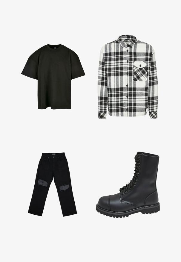 Sort-hvid ternet flannel skjorte med lange ærmer, knaplukning foran og en enkelt brystlomme med en trekantet flap.; Sort oversized t-shirt i blød bomuld. Har en rund crew neckline og korte ærmer, med en glat tekstur og minimalistisk design.; Sorte denim jeans med afslappet pasform, med slidte huller på fronten ved knæområdet og en standard talje med knaplukning.; Sort læder kampstøvle med høj skaft, snørebånd foran, polstret krave og en robust tekstureret sål for godt greb. Har forstærket tåhætte.