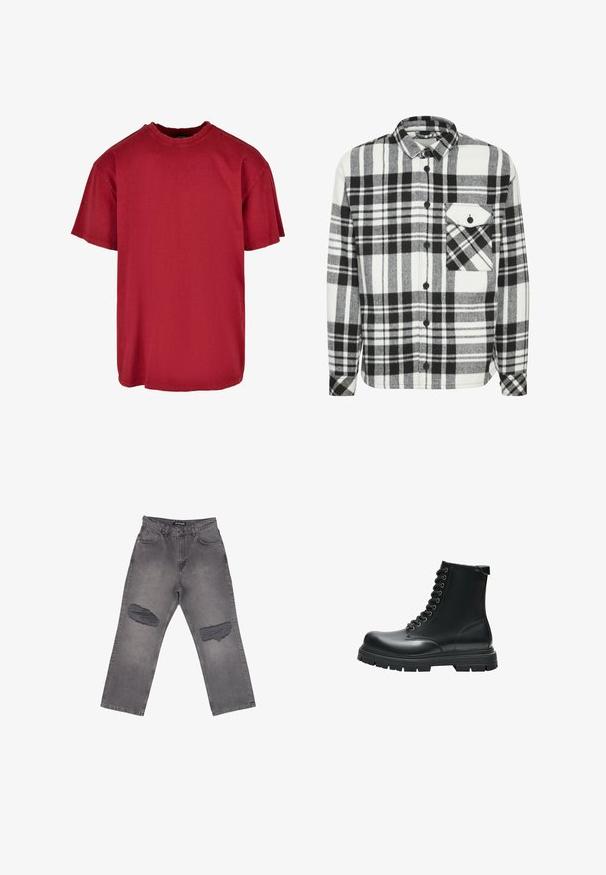 Chemise en flanelle à carreaux noir et blanc avec des manches longues, un devant à boutons et une poche poitrine unique avec un rabat triangulaire.; T-shirt en coton rouge avec une coupe décontractée, des manches courtes, un col rond et des accents usés près des épaules. Pas de logos visibles.; Jean denim gris taille haute avec jambes larges et grandes zones abîmées sur les deux genoux, avec poches avant et passants pour ceinture.; Botte de combat noire en cuir avec lacets, semelle épaisse en caoutchouc et détails cousus, vue de côté sur fond blanc.