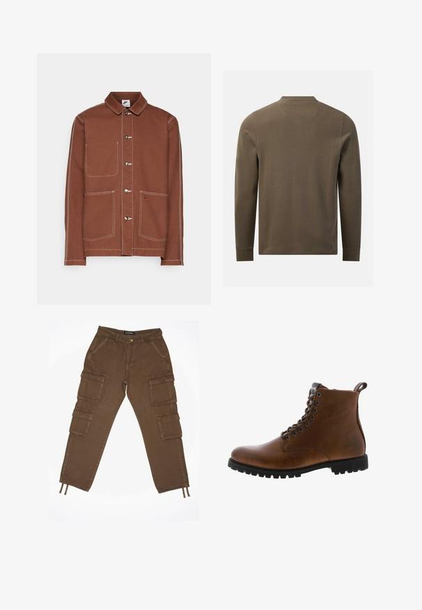 Brun Nike button-up jakke med hvid syning, tre metalknapper, to forreste lommer og et lille broderet Nike swoosh på den ene lomme.; Langærmet, olivengrøn tekstureret skjorte vist bagfra med rund halsudskæring og ensfarvede manchetter på hvid baggrund.; Brune cargo-bukser med flere lommer, lavet af robust bomuldsstof. Har en knaplukning og justerbare snore ved kanten.; Brune læder ankelstøvler med tekstureret overflade, metaløjer og sort gummisål. Har en træktab bagpå for nem påtagning.