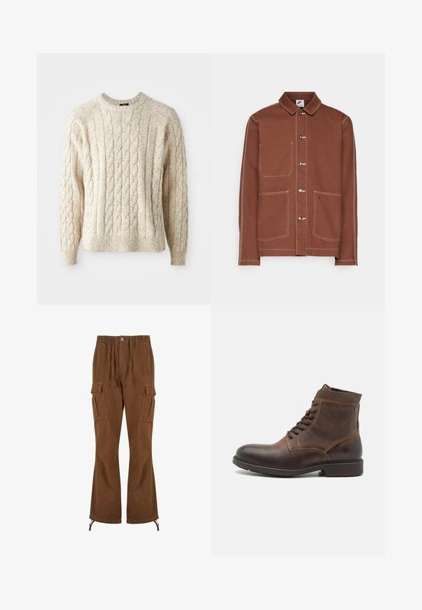Braune Nike Knopfjacke mit weißen Nähten, drei Metallknöpfen, zwei Fronttaschen und einem kleinen gestickten Nike-Swoosh auf einer Tasche.; Cremfarbener Kabelstrickpullover mit Rundhalsausschnitt, strukturiertem Muster und gerippten Bündchen und Saum. Hergestellt aus weicher, dicker Wolle.; Braune Cargohosen mit elastischem Bund, Kordelzug-Details, zwei Seitentaschen und weiteren Beinen mit verstellbaren Säumen.; Jack & Jones JFWDELANEY BOOT - Schnürstiefelette - cognac