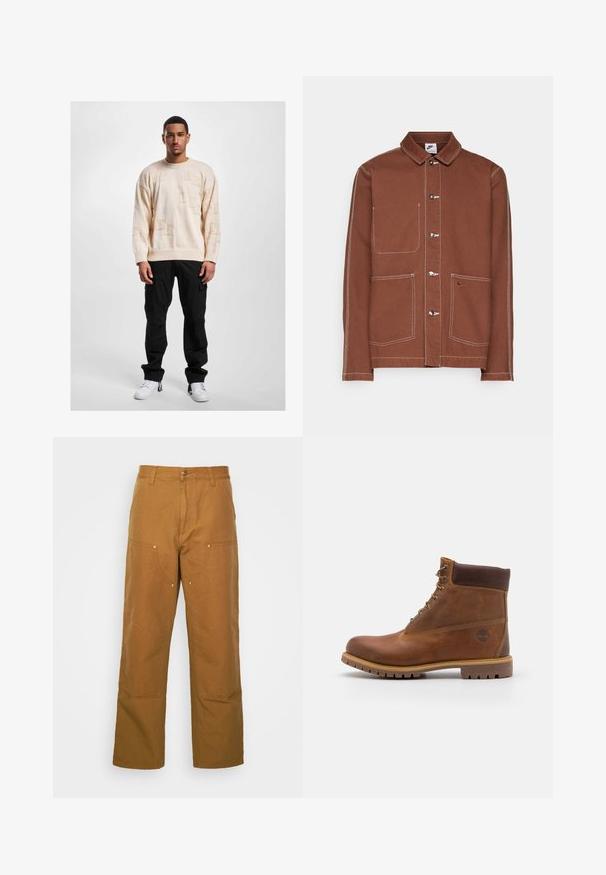 Hnedá button-up bunda Nike s bielym šitím, tromi kovovými gombíkmi, dvoma prednými vreckami a malým vyšívaným logom Nike swoosh na jednom vrecku.; Béžový pletený sveter s reliéfnymi vzormi, okrúhlym výstrihom a spustenými plecami, v kombinácii s čiernymi cargo nohavicami a bielymi teniskami.; Hnedé bavlnené utility nohavice so strihom rovného nohu, ktoré obsahujú predné vrecká a kovové detaily pre zvýšenú odolnosť.; Hnedé kožené turistické topánky s hladkým povrchom, polstrovaným členkom, kovovými okami a gumovou podrážkou s drsným vzorom.