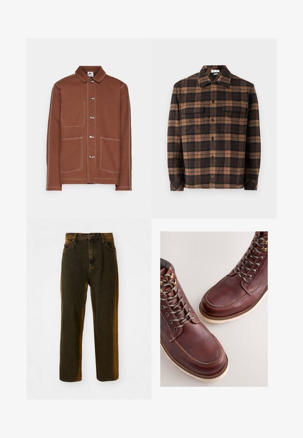 Veste Nike brune à boutons avec des coutures blanches, trois boutons métalliques, deux poches avant et un petit logo swoosh Nike brodé sur une poche.; Chemise en flanelle à carreaux marron et noir avec un devant à boutons, deux poches poitrine et un col. Texture douce et coupe décontractée.; Jeans en denim droite, couleur marron foncé, avec bouton et fermeture éclair à l'avant, passants de ceinture, et poches avant et arrière.; Bottes en cuir marron à finition lisse, dotées d'œillets métalliques, de lacets gris et d'une semelle en caoutchouc de couleur crème. Détails de coutures le long des bords.