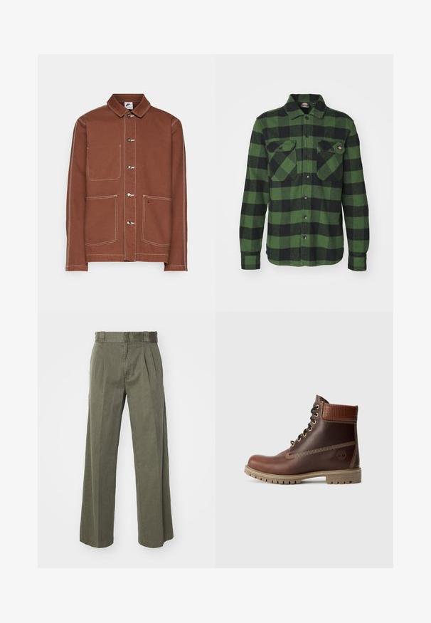 Chaqueta de botón marrón de Nike con costuras blancas, tres botones metálicos, dos bolsillos frontales y un pequeño logo bordado de Nike en uno de los bolsillos.; Camisa de franela a cuadros verde y negra con dos bolsillos en el pecho, cierre de botones, mangas largas y cuello puntiagudo. Textura suave.; Pantalones verde oliva con un diseño ancho y suelto de pierna ancha con pliegues delanteros. Confeccionados en un tejido texturizado, con una cinturilla estándar y sin elementos metálicos visibles.; Botín de cuero marrón con cordones, cuello acolchado, costuras en contraste y suela resistente, mostrado desde el lado exterior sobre un fondo blanco.