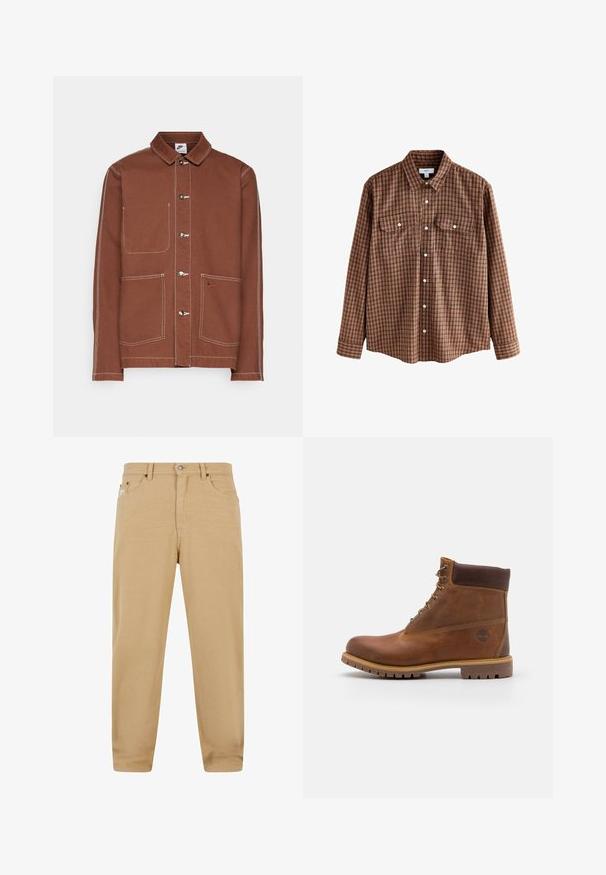 Hnedá button-up bunda Nike s bielym šitím, tromi kovovými gombíkmi, dvoma prednými vreckami a malým vyšívaným logom Nike swoosh na jednom vrecku.; Hnedá a oranžová károvaná košeľa s dlhým rukávom, zapínaním na gombíky vpredu, dvoma náprsními vreckami a golierom. Vyrobená z mäkkej tkaniny.; Béžové bavlnené nohavice so strihom s rovnými nohavicami, s obojstranným zipsom, piatimi vreckami a jemnými švovými detailami. Hladká textúra a klasický dizajn.; Hnedé kožené turistické topánky s hladkým povrchom, polstrovaným členkom, kovovými okami a gumovou podrážkou s drsným vzorom.