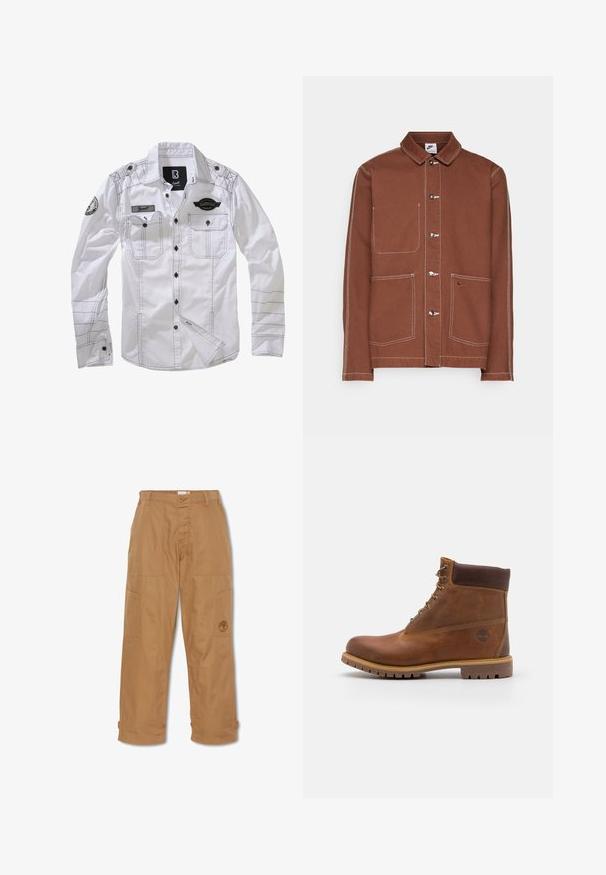 Braune Nike Knopfjacke mit weißen Nähten, drei Metallknöpfen, zwei Fronttaschen und einem kleinen gestickten Nike-Swoosh auf einer Tasche.; Weißes Langarmhemd mit schwarzer Naht, zwei Brusttaschen und einem Aufnäher am einen Ärmel. Mit Knopfverschluss vorne und Kragen.; Khakifarbene Arbeitshosen aus strapazierfähigem Stoff, mit mehreren Taschen, einem Knopfverschluss und gesticktem Logo auf dem Oberschenkel.; Braune Lederwanderschuhe mit glatter Oberfläche, gepolstertem Knöchel, Metallösen und einer Gummisohle mit robustem Profil.