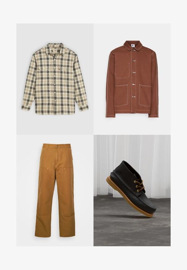 Brun Nike button-up jakke med hvid syning, tre metalknapper, to forreste lommer og et lille broderet Nike swoosh på den ene lomme.; Langærmet ternet skjorte i beige, sort og brun stof, med knaplukning, to brystlommer og klassisk krave-design.; Brune bomuldsarbejdsbukser med lige ben-design, der har frontlommer og metalhardware detaljer for ekstra holdbarhed.; Sorte lædersko med en glat overflade, rund tå, brune snørebånd og lysebrune gummisåler. Logo præget på siden.