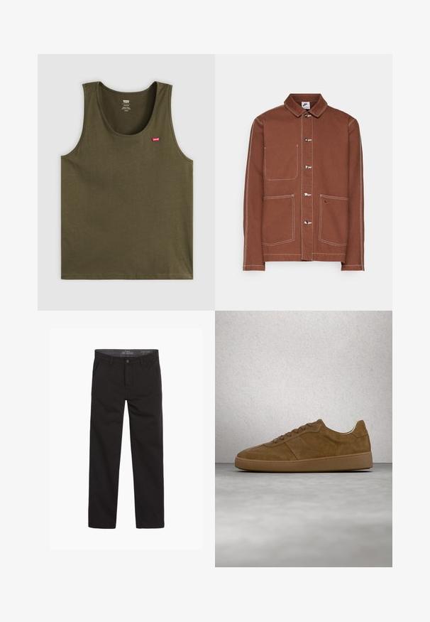 Hnedá button-up bunda Nike s bielym šitím, tromi kovovými gombíkmi, dvoma prednými vreckami a malým vyšívaným logom Nike swoosh na jednom vrecku.; Olivovo zelený tielko vyrobené z mäkkého materiálu, s okrúhlym výstrihom a malým červeným logom na ľavej hornej strane. Jednoduchý dizajn, bez vzorov alebo akcentov.; Čierne bavlnené nohavice s hladkou textúrou, rovný strih, zips a dve predné vrecká; minimalistický a univerzálny dizajn.; Hnedá semišová teniska s béžovými šnúrkami a gumovou podrážkou. Má zaoblenú špičku a prešívané detaily na zvršku. Ľahká konštrukcia.