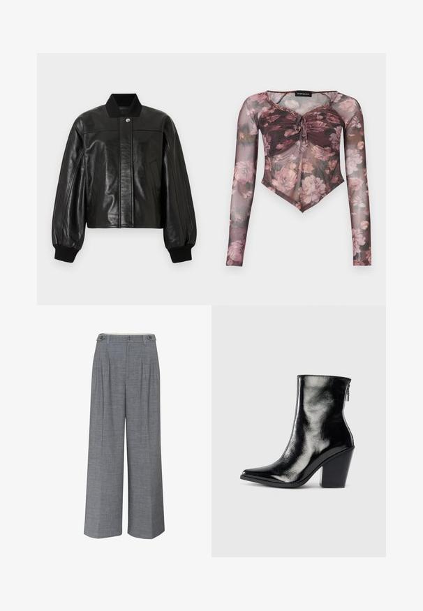 Schwarze Leder-Bomberjacke mit einem gerippten Kragen, Reißverschluss und zwei Vordertaschen. Verfügt über gepolsterte Schultern und gerippte Bündchen.; Langärmliges Oberteil aus transparentem Mesh mit rosa Blumenmuster, geraffter vorderer Bindung und spitz zulaufendem Saum in gedämpften Mauve- und Brauntönen.; Graue Weitbein-Hosen aus strukturiertem Stoff, mit doppeltem Knopfverschluss und vorderen Falten für zusätzliche Designdetails.; Schwarze Leder-Ankle Boots mit glänzendem Finish, spitzer Zehenform und Blockabsatz. Verfügt über einen seitlichen Reißverschluss für ein einfaches Anziehen.