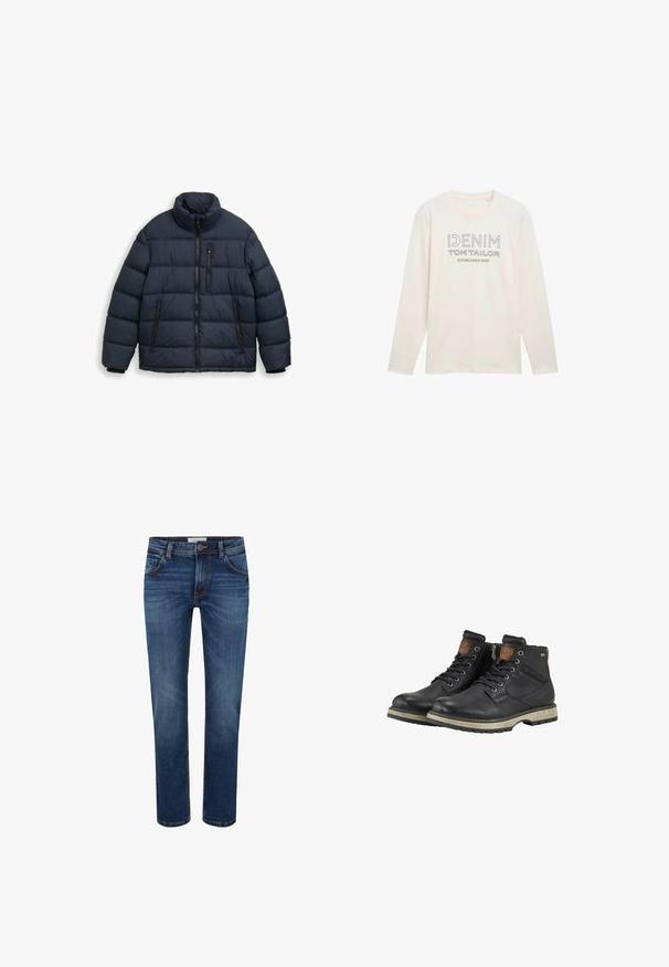 Pufferjack, marineblauw, gewatteerd ontwerp, staande kraag, ritssluiting aan de voorkant, twee zijzakken en één borstzak met contrasterende hardware.; Licht crème longsleeve shirt met ronde hals, voorzien van een bedrukt logo in het grijs met de tekst "DENIM TOM TAILOR ESTABLISHED 2007."; Donkerblauwe jeans met een recht model, vijf-pocket stijl en contrasterende stiksels. Standaard tailleband met knoopsluiting.; Zwarte leren veterschoenen tot de enkel met beige rubberen zolen, een zijrits en bruine accenten op de kraag en tong.