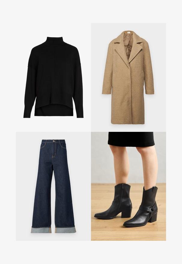 Brun uldblandingsfrakke med tekstureret finish, med slå-om krave, åbent front og sidelommer. Designet til en løs pasform med lange ærmer.; Sort strik cardigan med løs pasform, sænkede skuldre, ribbede manchetter og et høj-lav kantdesign. Blød tekstur, minimal detaljer.; Bredde ben mørk denim jeans med orange syninger, med høj talje, to forlommer og opbrettede manchetter, der viser et lysblåt kontraststof.; Sorte læder ankelstøvler med spids tå, lynlås lukning, buet hæl og en dekorativ rem med metal detaljer.