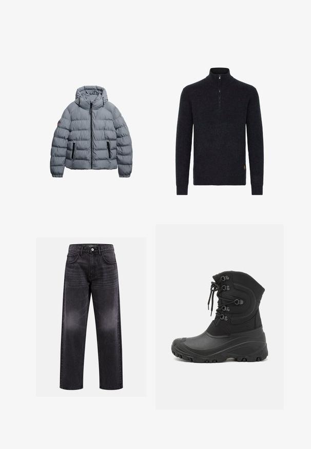 Graue, gepolsterte Jacke mit Kapuze, ausgestattet mit einem Reißverschluss vorne, zwei Reißverschlusstaschen und elastischen Bündchen. Texturiertes, gestepptes Design.; Dunkelgrauer Strickpullover mit einem Halb-Reißverschluss-Kragen, langen Ärmeln, gerippter Textur und einem kleinen Logoakzent auf der unteren rechten Seite.; Schwarze Jeans aus Denim mit einem gerade geschnittenen Design, mittlerer Taillenhöhe, zwei Fronttaschen und dezenten Verwaschungen, die für einen klassischen Look sorgen.; Schwarze, wasserdichte Winterstiefel mit Textil-Obermaterial, Schnürverschluss, Gummisohle, gestepptem Design und strukturierten Akzenten für Halt und Isolierung.