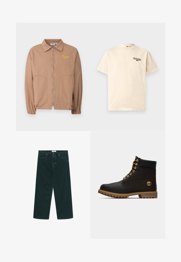 Lysebrun lynlåstrøje med krave, elastiske ærmegab, to forlommer og gul "Service Works" brodering på brystet.; Beige kortærmet T-shirt med rund hals og lille sort "Service Works" tekst og grafik på venstre bryst.; Mørkegrønne vidde denimjeans med knap- og lynlås lukning, forlommer og bæltestropper, liggende fladt på en hvid baggrund.; Sorte læder ankelstøvle med gyldne øjer, brune detaljer og gummisål. Har en polstret krave og præget logo på siden.