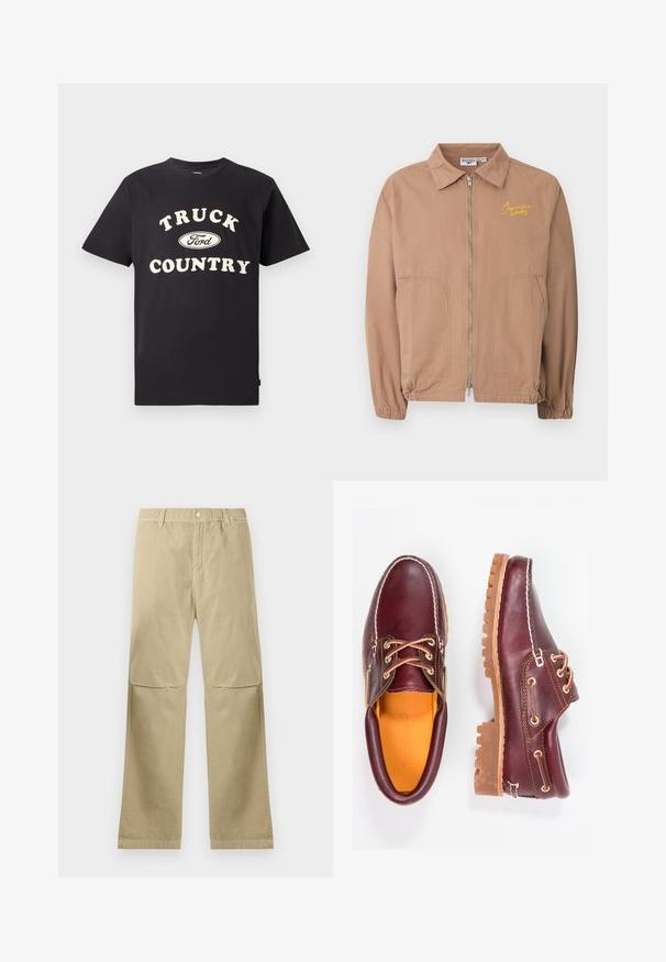 Lysebrun lynlåstrøje med krave, elastiske ærmegab, to forlommer og gul "Service Works" brodering på brystet.; Sort bomulds t-shirt med korte ærmer, der har teksten "TRUCK COUNTRY" i cremefarvet og et Ford-logo designet centralt foran.; Beige lige bukser med trykknaplukning, bæltestropper og syninger ved knæene, liggende fladt på en hvid baggrund.; Bordeaux lædersko med brune gummisåler, rund tå, hvid syning og gyldne snøringer. Indersiden har et gult for.