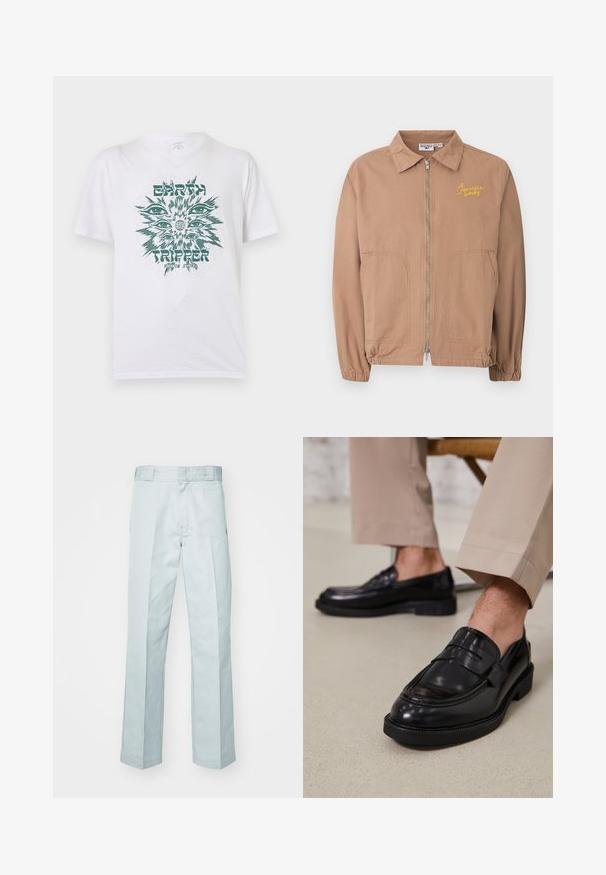 Veste marron clair zippée avec col, poignets élastiques, deux poches avant et broderie jaune « Service Works » sur la poitrine.; T-shirt blanc à manches courtes avec un motif vert représentant plusieurs yeux autour d'un globe, texte "EARTH TRIPPER" et "VOLCOM STONE" sur le devant.; Pantalons en coton bleu clair avec une coupe droite, présentant des plis subtils et une texture lisse, finition avec une taille standard.; Mocassins en cuir noir avec une finition lisse, ornés d'une sangle décorative et de coutures contrastées, associés à un pantalon beige.