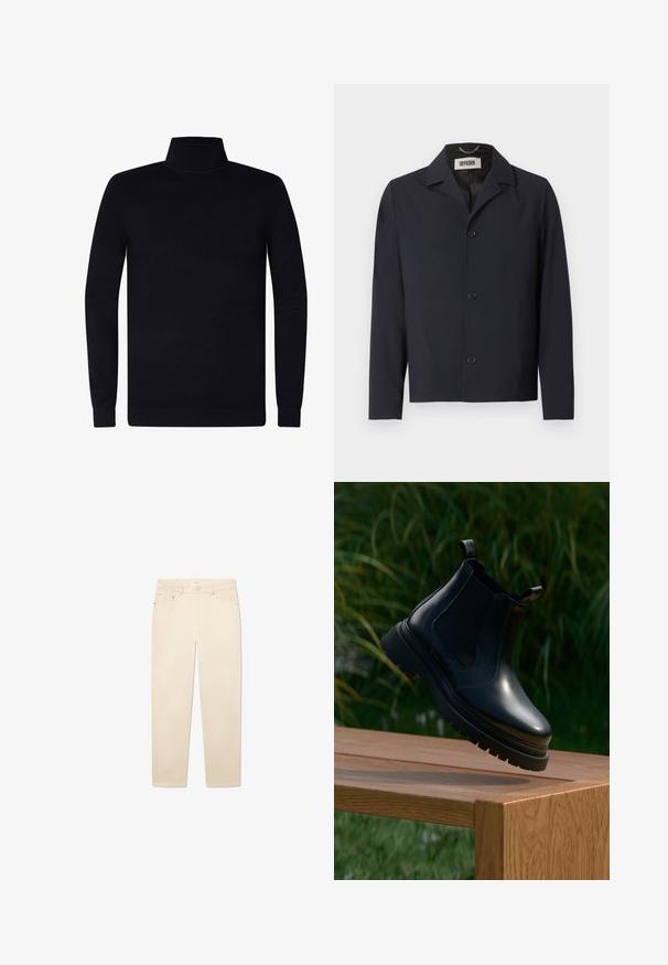 Sort skjortejakke med spids krave, lange ærmer og mærkelabel "DRYKORN" inde i halsudskæringen.; Sort turtleneck sweater, ribbede manchetter og krave, blødt strikstof, let design, lange ærmer, ingen synlig branding eller mønstre.; Hvide beige denimjeans med lige ben, der har fem lommer, lukning med knap og lynlås samt diskrete syninger.; Sorte læder chelsea-støvler med rund tå, tyk gummisål og elastiske sidepaneler, præsenteret på en træoverflade med grønne planter i baggrunden.