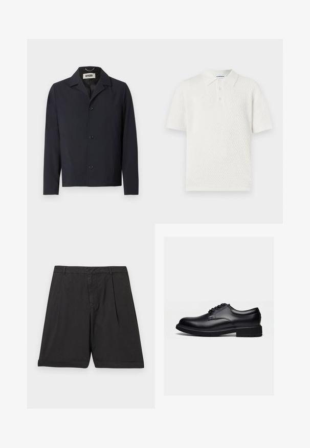 Veste noire boutonnée avec col pointu, manches longues et étiquette de marque "DRYKORN" à l'intérieur de l'encolure.; Polo en maille blanc à manches courtes avec motif losange, patte à trois boutons et col classique, présenté sur fond uni.; Shorts en coton noir à coupe droite, avec plis avant, ceinture et ourlet retroussé. La texture est lisse et le tissu semble léger.; Chaussure habillée en cuir noir poli avec lacets et semelle épaisse en caoutchouc, vue de profil sur un fond clair uni.