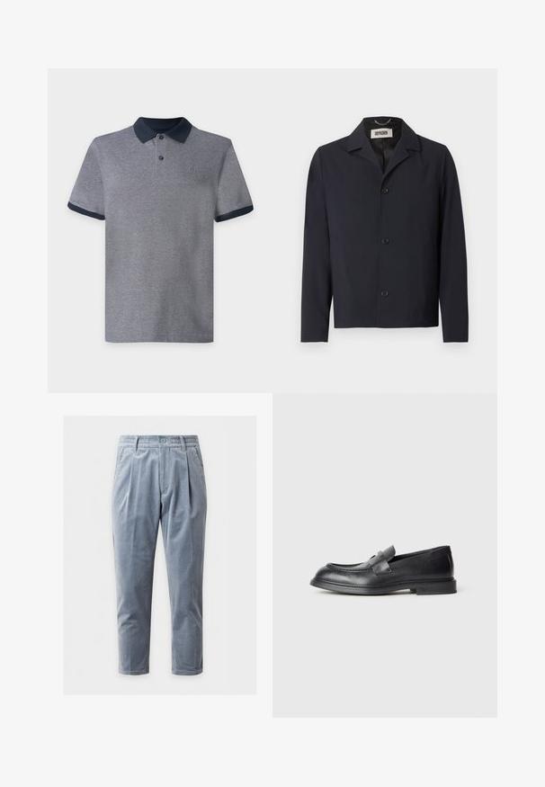 Veste noire boutonnée avec col pointu, manches longues et étiquette de marque "DRYKORN" à l'intérieur de l'encolure.; Polo gris à manches courtes avec col et bords de manches bleu marine foncé, doté de deux boutons et d’un petit logo sur la poitrine sur un fond uni.; Pantalon en velours côtelé bleu clair pour hommes avec plis, passants de ceinture, fermeture bouton et jambes droites sur un fond uni.; Mocassins en cuir noir avec une finition texturée, dotés d'une bride décorative à l'avant et d'un bout arrondi. Semelle en caoutchouc pour plus de durabilité.