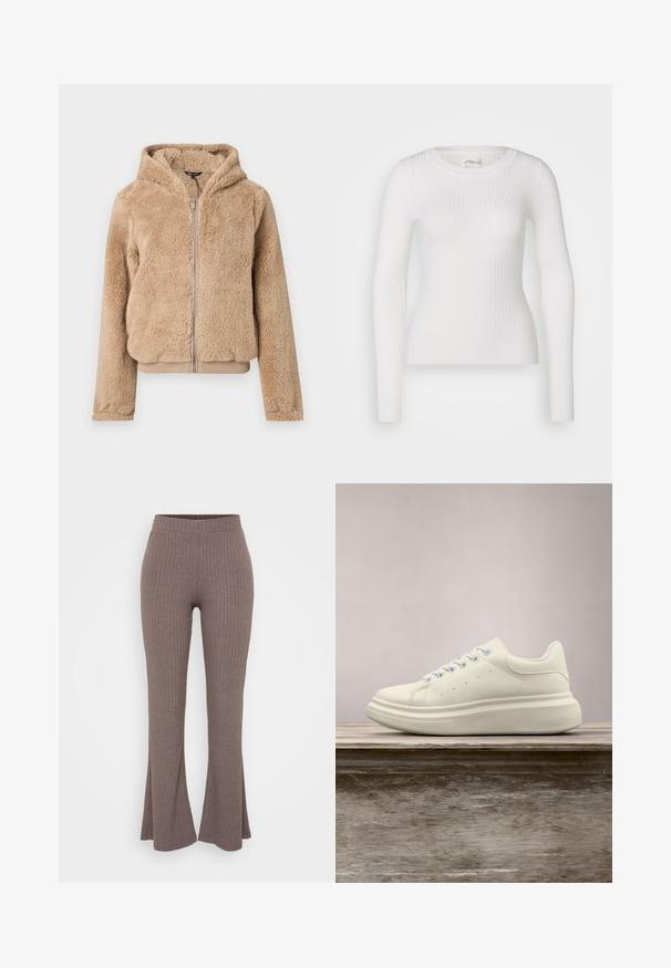 Beige Kapuzenjacke mit Reißverschluss aus weichem, flauschigem Stoff mit langen Ärmeln und gerippten Bündchen und Saum.; Weißes langärmliges Rippoberteil mit rundem Halsausschnitt. Der Stoff ist glatt, mit einer subtilen Textur und einer figurbetonten Passform. Keine sichtbaren Beschläge oder Muster.; Braune gerippte Schlaghosen mit einem hohen, dehnbaren Bund und einer weichen Textur, die ein dezentes vertikales Muster aufweisen.; Weißer Ledersneaker mit rundem Zehenbereich, glatter Textur und kontrastierenden Schnürsenkeln. Verfügt über Belüftungslöcher und eine dicke Gummisohle für Komfort.