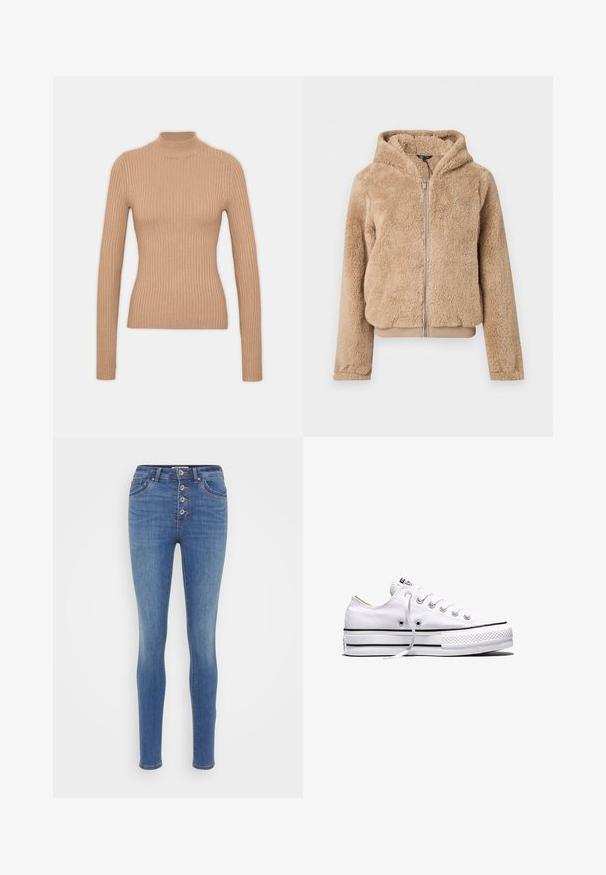 Veste à capuche beige zippée en tissu doux et duveteux avec manches longues et poignets et ourlet côtelés.; Pull à col roulé beige à côtes, avec des manches longues, un design cintré, une texture douce et un col haut.; ONLY ONLWAUW FLY - Jeans Skinny - medium blue denim; Baskets basses en toile blanche avec lacets blancs, bandes noires sur la semelle et embout en caoutchouc texturé, vue de côté sur fond blanc.