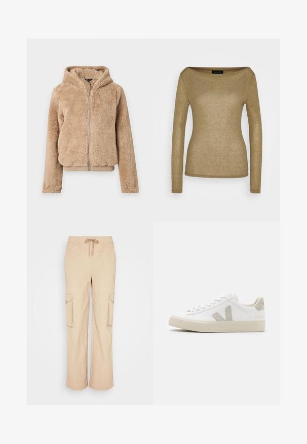 Beige hættejakke med lynlås lavet af blødt, fluffy stof med lange ærmer og ribbet manchet og kant.; Langærmet, off-shoulder top i en lys brun, letvægtsstof med en glat overflade og en tætsiddende silhuet. Mærket siger "ANNA FIELD."; Sofie Schnoor TROUSERS - Cargobukser - beige; Hvide sneakers lavet af læder med grå V-logo detaljer, struktureret gummisål, hvide snørebånd samt polstret tunge og krave.