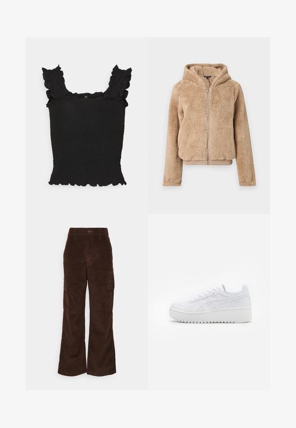 Beige hættejakke med lynlås lavet af blødt, fluffy stof med lange ærmer og ribbet manchet og kant.; Sort smocket tanktop med rynkede stropper og bølget kant. Blødt, tekstureret stof med en tætsiddende silhuet, der fremhæver formen.; Hollister Co. Bukser - chicory; Hvide platform sneakers med en glat læderoverflade, perforerede detaljer og flade snørebånd; har en tyk hvid gummisål.